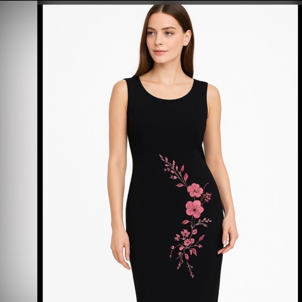 Vintage black SL long dress with floral accents, high slit, sleeveless, lining